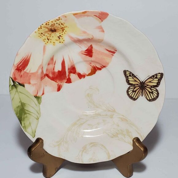 222 Fifth Teacup and Saucer Pink Flower Butterfly - Picture 8 of 10